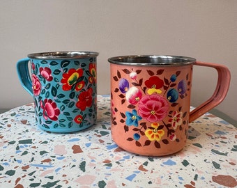 Truck Art Hand Painted Mug 350ml Fair Trade Eco Friendly Stainless Steel Camping Flower Design