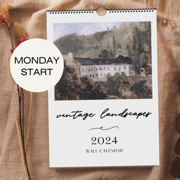 2024 Kalender Landschaften, 2024 Wandkalender, 2024 Vintage Kunstkalender, Monatskalender, Montag Startkalender 2024, Montagkalender 2024