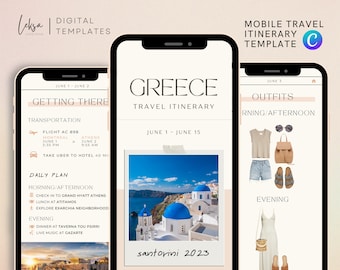 Digital Travel Itinerary, Travel Itinerary Template, Mobile Travel Itinerary Template, Canva Travel Itinerary Template, Digital Template