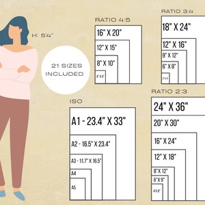 May include: A diagram showing 21 different sizes of canvases, with the dimensions listed in inches. The sizes are grouped by aspect ratio: 4:5, 3:4, and 2:3. The diagram also includes a person standing next to the canvas sizes, with their height listed as 5'4" for reference.