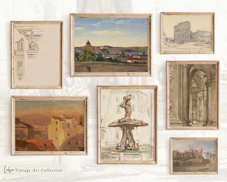 Rome Print Set, Italy Print Set, The Roma Collection, Set of 7 Vintage Rome Prints, Vintage Rome Gallery Wall Art Prints, G3 image 1