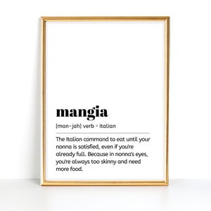 Impresión Mangia, Impresión de palabras italianas, Definición italiana divertida, Impresión de definición italiana, Impresión de cocina italiana, Decoración italiana divertida,