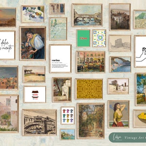 May include: A collection of vintage Italian-themed art prints in wooden frames. The prints feature scenes of Italian architecture, landscapes, and food. Some of the prints include text in Italian, such as "il dolce far niente" and "cucina".