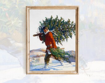 May include: A man in a red jacket carries a large evergreen tree through a snowy landscape. He is wearing a white scarf and carrying an axe. The scene is painted in a realistic style.
