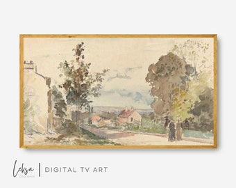 May include: A watercolor painting of a country road with houses and trees on either side. The sky is a light blue with white clouds. The road is lined with trees and there are two people walking in the distance.