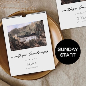 2024 Calendar Landscapes, 2024 Wall Calendar, 2024 Vintage Art Calendar, Monthly Calendar, Sunday Start Calendar 2024, Sunday Calendar 2024