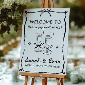 婚約パーティーのウェルカムサイン、手描きのシャンパンサイン、気まぐれな結婚式の装飾、編集可能なブライダルシャワーサイン、DIYウェディングサイン