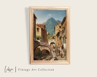 Vintage Italian Village Painting: European Town Art Print (Digital Download)