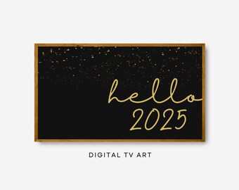 Hello 2025 Gold Frame TV Art, New Year Decor (Digital Download)