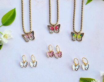 Enamel butterfly earrings and necklace, 18K gold plated, Choker monarch butterfly necklace