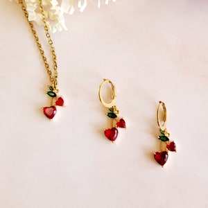Dainty cherry and strawberries jewelry set, Cherries jewelry set, 18K gold plated with cubic zirconia