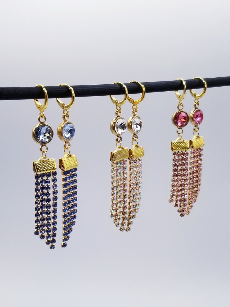 Crystal Rhinestone Chain Pink Blue Crystal AB Gemstone Glass and Stainless Steel Pendants Leverback Earwire