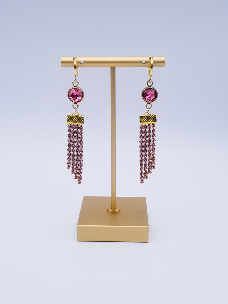 Crystal Rhinestone Chain Pink Blue Crystal AB Gemstone Glass and Stainless Steel Pendants Leverback Earwire