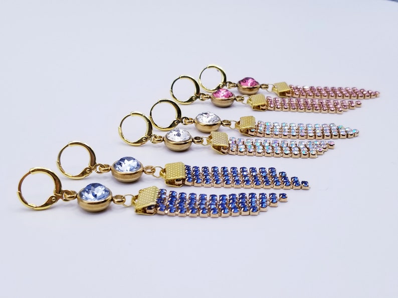 Crystal Rhinestone Chain Pink Blue Crystal AB Gemstone Glass and Stainless Steel Pendants Leverback Earwire