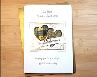 Tartan Golden (50th) Wedding Anniversary card. Personalise free