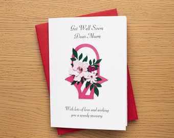 Get Well Mum handmade card. Personalise free with a different title/relation/name if required.
