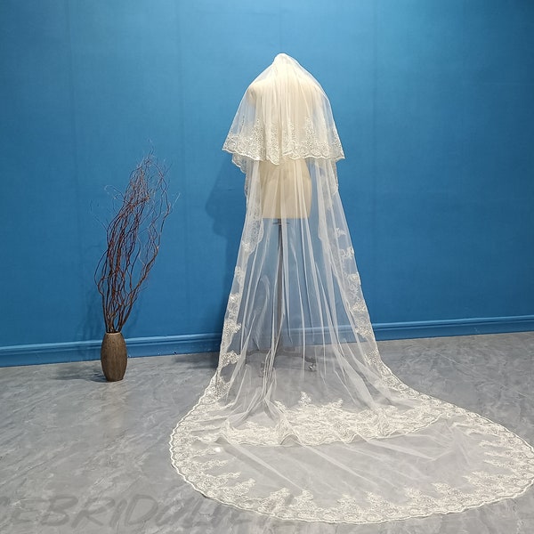 Vintage Cathedral Sequin Lace Wedding Veil Unique Two Layer Sequin Lace Bridal Veil White or Ivory Lace Long Veil