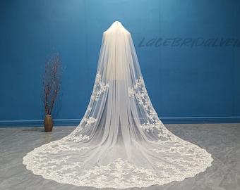 Voile de mariée en dentelle blanche ou ivoire, voile de luxe longueur cathédrale, voile de mariage une couche en dentelle appliquée