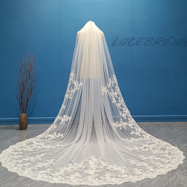 White or Ivory Lace Applique Bridal Veil Luxury Cathedral Length Lace Veil Wedding One Layer Lace Applique Veils