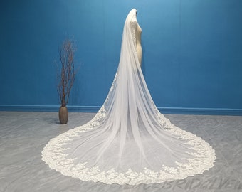 Luxurious Cathedral Wedding Lace Applique Veils Stylish White Ivory Lace Bridal Veil One Layer Lace Applique Wedding Veil