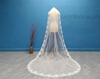 Simple White Ivory Lace Veil, Beautiful Cathedral Wedding Lace Veil, Elegant Bride's Layer Full Edge Lace Veil