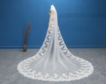 Romantische Hochzeit Single-Layer-Spitzenschleier Vintage Kathedrale Elfenbein Spitze Schleier Elegante Braut Weißer Spitzenschleier