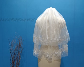 Wedding Short Lace Applique Veil Two Layer White/Ivory Lace Applique Veil Beautiful Bridal Lace Tulle Veil