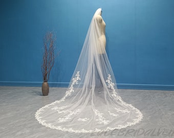 Lace Applique Bridal Veil Beautiful Cathedral Wedding Lace Veil One Layer White and Ivory Applique Veils