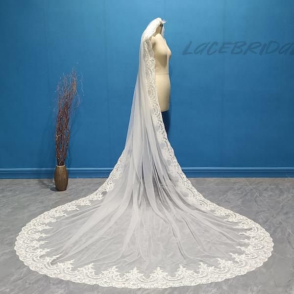 Elegant Single Layer Lace Wedding Veil Cathedral Length Ivory Lace Veil Beautiful Bride White Lace Veil