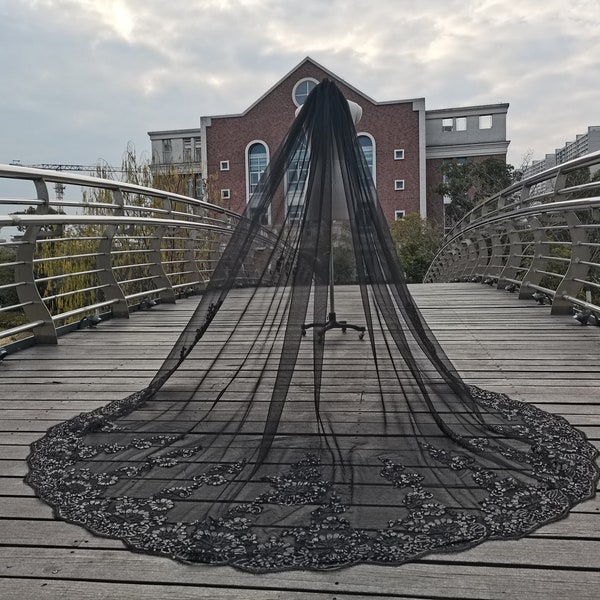 Black Sequin Lace Bridal Veil Cathedral Romantic Wedding Lace Veil Elegant Bridal Single Layer Lace Veil