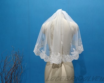 Short Sequin Lace Bridal Veil White Ivory Lace Wedding Veil One Layer Tulle Veil Bridal Headpiece