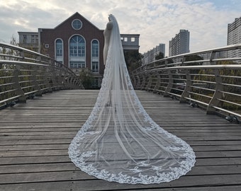 Lace Cathedral Wedding Veil One Layer White or Ivory Lace Applique Veil Elegant Bridal Single Layer Lace Trim Veil