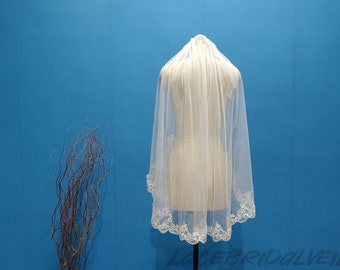 Lace Veil One Layer Short Lace Veil White or Ivory Wedding Lace Veil Elegant Bridal Tulle Veil