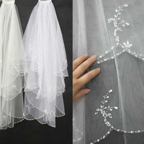 Handmade Veil Ivory/White Two-layer Wedding Veil Beads and Sequins Decorative Veil Short Bridal Veil + Comb