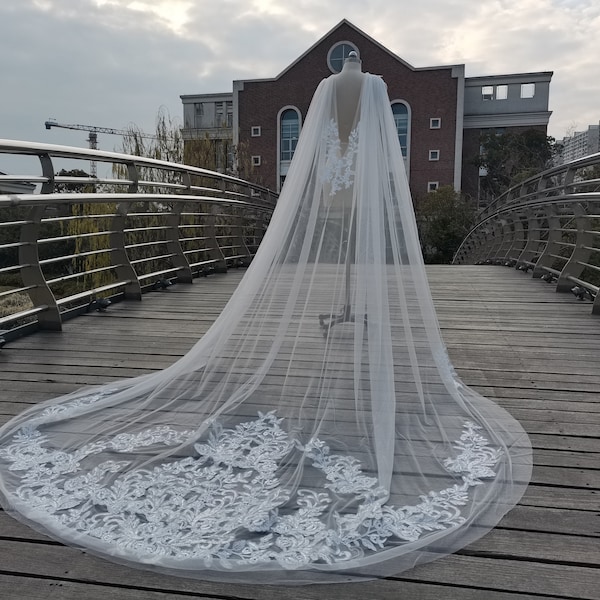 Boda Lentejuela Encaje Chal Nupcial Velo Hermosa Catedral Blanco o Marfil Boda Encaje Applique Cabo