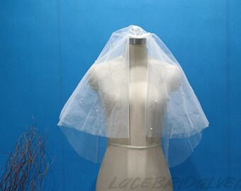 Two Layer Beaded Veil Wedding Beaded Veil Beautiful Bride White Ivory Beaded Veil Short Style With Comb Tulle Veil