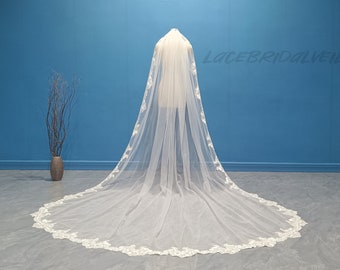 White and Ivory Wedding Lace Veil, Lace Cathedral Bridal Veils, Beautiful One Layer Lace Tulle Veil with Comb Vail