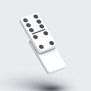 Puede incluir: Un dominó blanco con seis puntos negros en un lado y cuatro puntos negros en el otro.