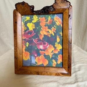May include: A wooden picture frame with a natural, rustic edge. The frame surrounds a colorful image of orange, yellow, and red flowers. The frame is made of light brown wood with a darker, textured top.