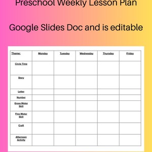 Vorschulwochenplan / Google Slides / bearbeitbar / einfaches Thema