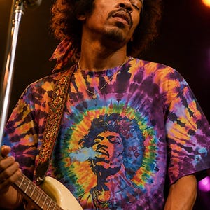 May include: A tie-dye t-shirt with a portrait of a musician. The shirt features a vibrant swirl of colours including purple, orange, and blue. The musician is wearing a headband and a necklace. A guitar strap is visible.
