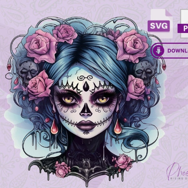 Goth Sugar Skull and Roses Woman clipart SVG and PNG Instant Digital Download