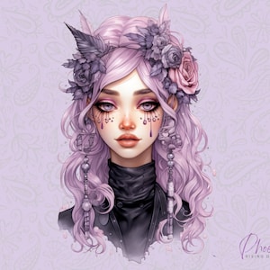 Paars Pastel Goth meisje met rozen Clipart, SVG en PNG Instant Digitale Download