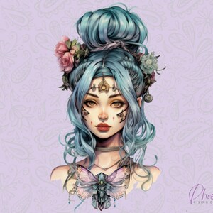Pastel Goth Aquarelle Femme et Moth Clipart pour l’artisanat, SVG et PNG Téléchargement numérique instantané