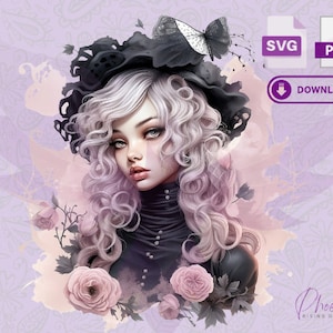 Roze en zwarte Pastel Goth Girl Clipart ontwerp, SVG en PNG instant digitale download