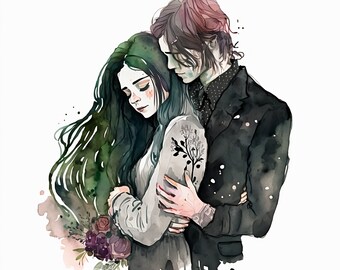 Watercolor Goth Couple Embracing Clipart PNG and SVG Instant Downnload