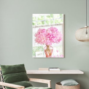 Shabby Chic, carte de remerciement, fleurs de pivoine roses romantiques, vase en verre, cadeau d'impression cottage, art mural à imprimer