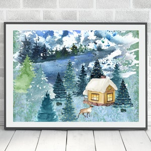 Impresión de cabaña vintage, paisaje invernal, país de las maravillas navideñas, imprimibles de arte de pared, regalo de decoración del hogar, bosque de pinos nevados, lago, estampados de animales