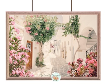 Santorini Street with Blush Pink Oleanders – Mediterranean Printable Wall Art – Greek Island Decor (Digital Download)