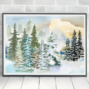Impresión de cabaña vintage, paisaje invernal, país de las maravillas navideñas, imprimibles de arte de pared, regalo de decoración del hogar, cartel de Acción de Gracias, bosque de pinos nevados
